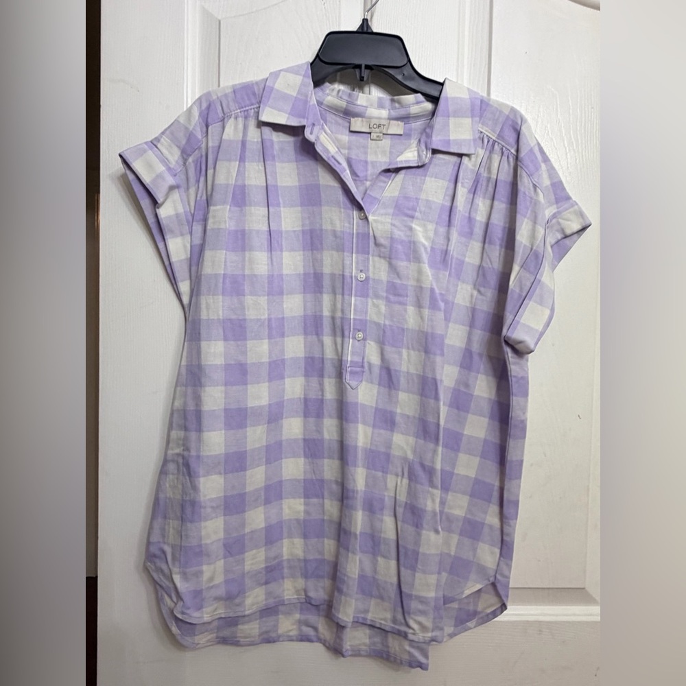 LOFT Lavender and White Gingham Short-Sleeve Button Down Shirt